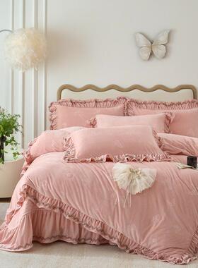 新款IXK加厚四儿绒盖件套时尚简约床韩版花边款被套纯色双婴人床