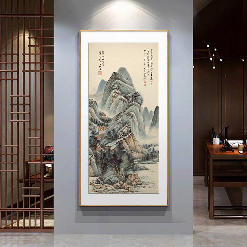 迎客松玄关装饰画新中式入户走廊过道挂画竖版茶室壁画山水画国画