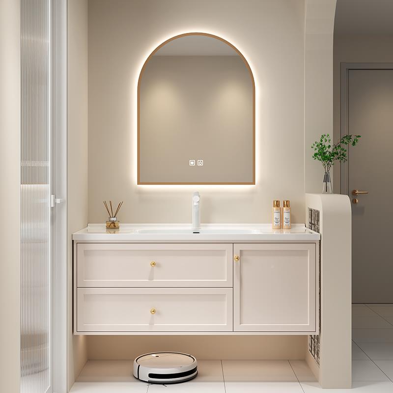 奶风浴室柜陶瓷一体盆洗脸盆柜油组合台卫生间洗漱手现代简约DMQ