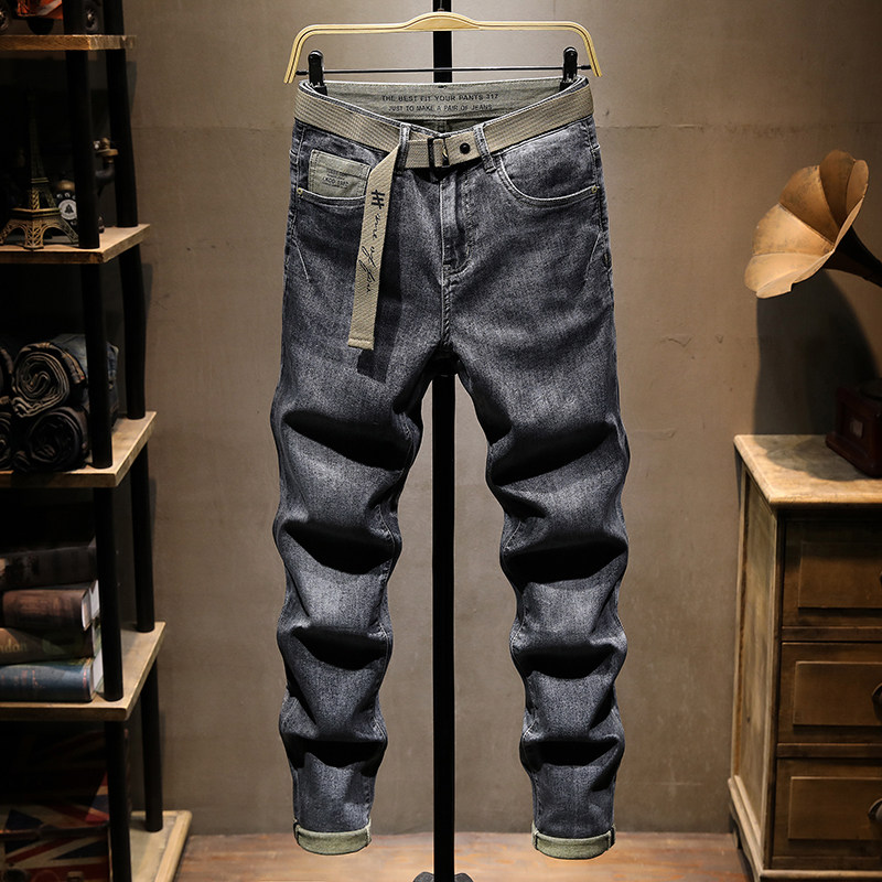 春夏薄款牛仔裤男款修身小脚潮牌时尚百搭黑灰青年弹力长裤微哈伦
