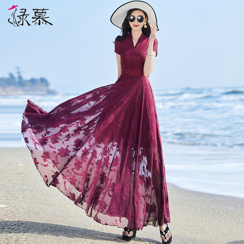 雪纺连衣裙女2021年夏季新款时尚酒红色长款修身显瘦气质大摆长裙