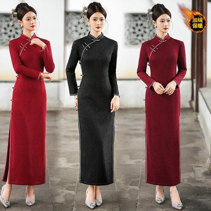 加绒加厚旗袍喜婆婆秋冬日常长款连衣裙优雅复古大码婚宴礼服修身