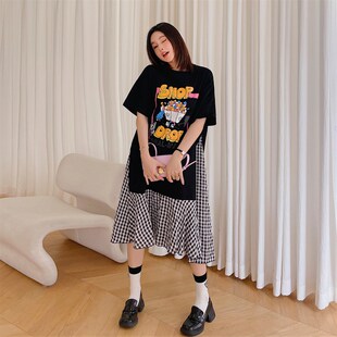 大码胖mm巨显瘦穿搭波点雪纺假两件连衣裙夏季200斤女装遮肚短袖