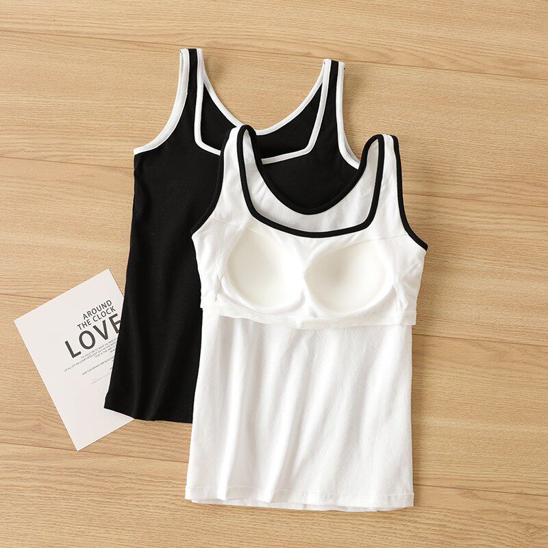 带胸垫方领吊带背心女纯棉内搭遮副乳打底上衣夏季外穿无袖T恤
