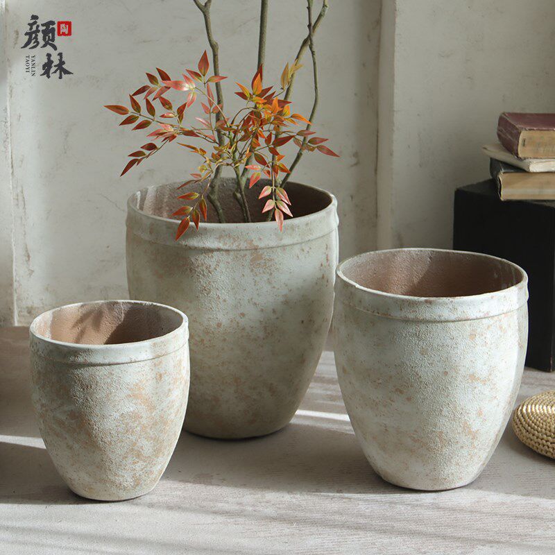高款仿古白花盆简约落p地客厅阳台商场酒店大型绿植花盆装饰水泥