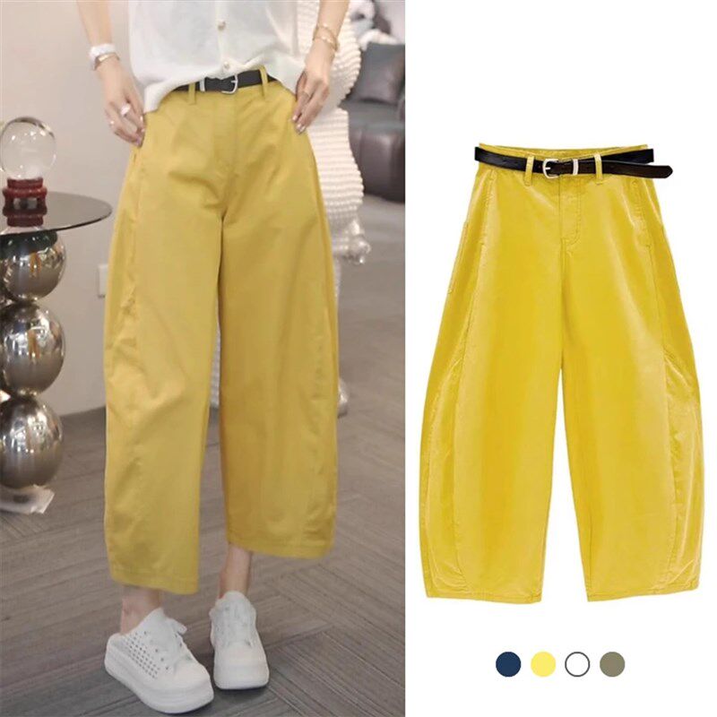 黄色弯刀八分工装裤女2025夏季新款薄款高腰宽松九分阔腿花苞裤子
