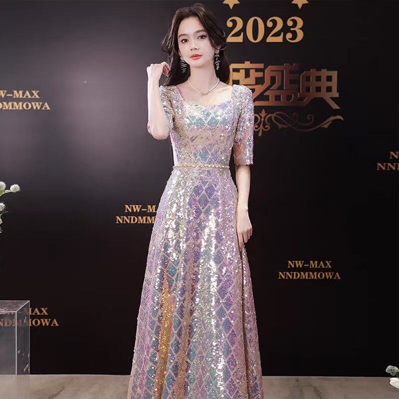 成人晚礼服高级感表演服2025新款主持人红色长裙大合唱团女演出服