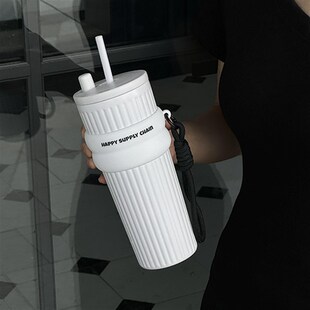 世大家吸管保温杯女2024新款 大容量杯子不锈钢陶瓷内胆保冷水杯