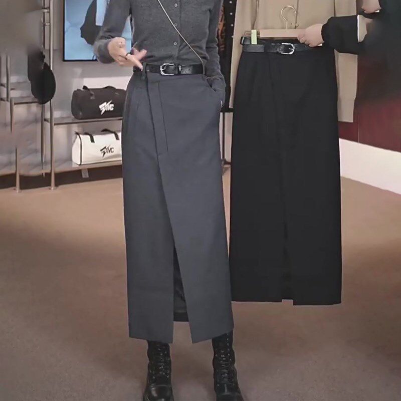 灰色大码宽松加厚西装半身裙女2024年冬季新款显瘦时尚包臀开叉裙