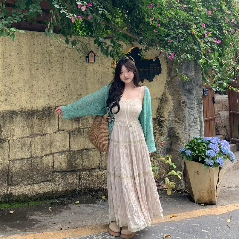 DEMA小德玛 肌理感半身裙宽松褶皱设计慵懒风大摆裙蕾丝吊带上衣