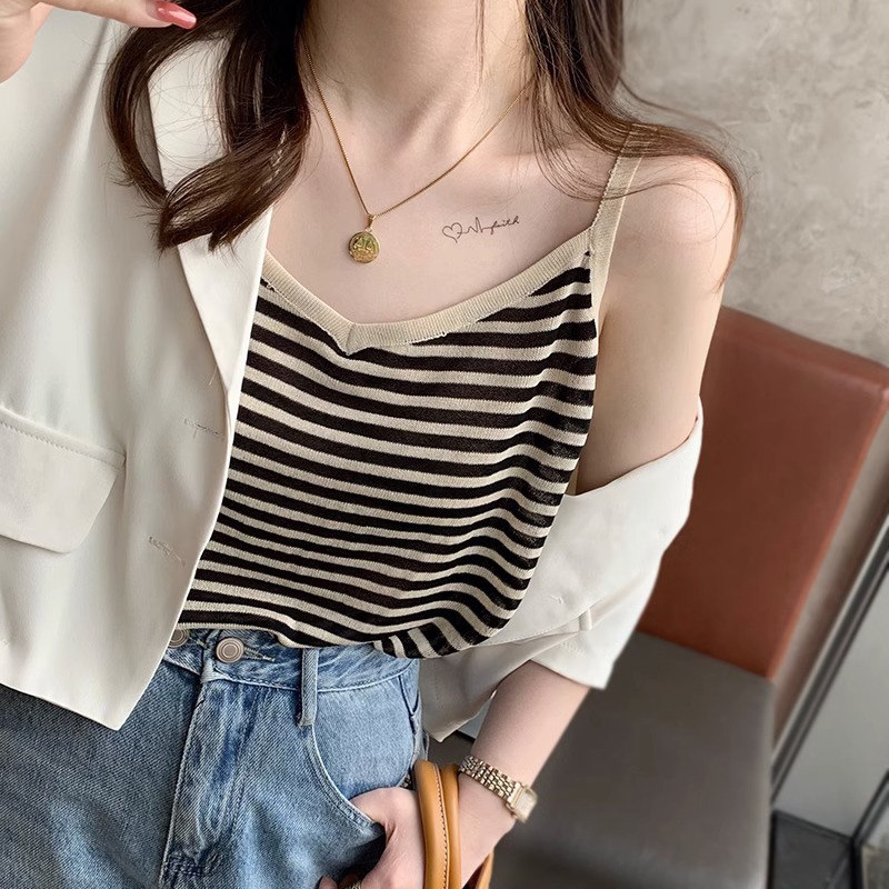 黑白条纹针织吊带背心女夏季2025新款内搭外穿遮副乳宽松打底上衣
