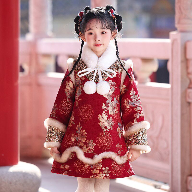 汉服女童拜年服儿童新中式旗袍古装冬季唐装女宝宝新年喜庆过年服
