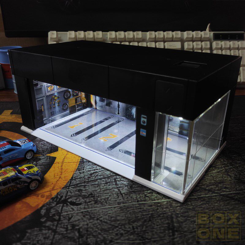 1比64电动门车库模型展示柜灯光1/64微缩场景O1:64汽车立体停车库