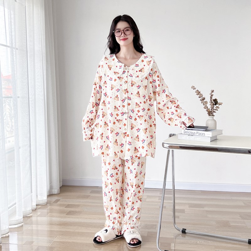 卡通翻领月子服大码哺乳睡衣女200斤春秋长袖孕妇产后喂奶家居服