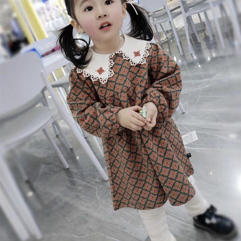 韩国童装 24春新款女童纯棉提花刺绣翻领洋气北欧风连衣裙 公主裙