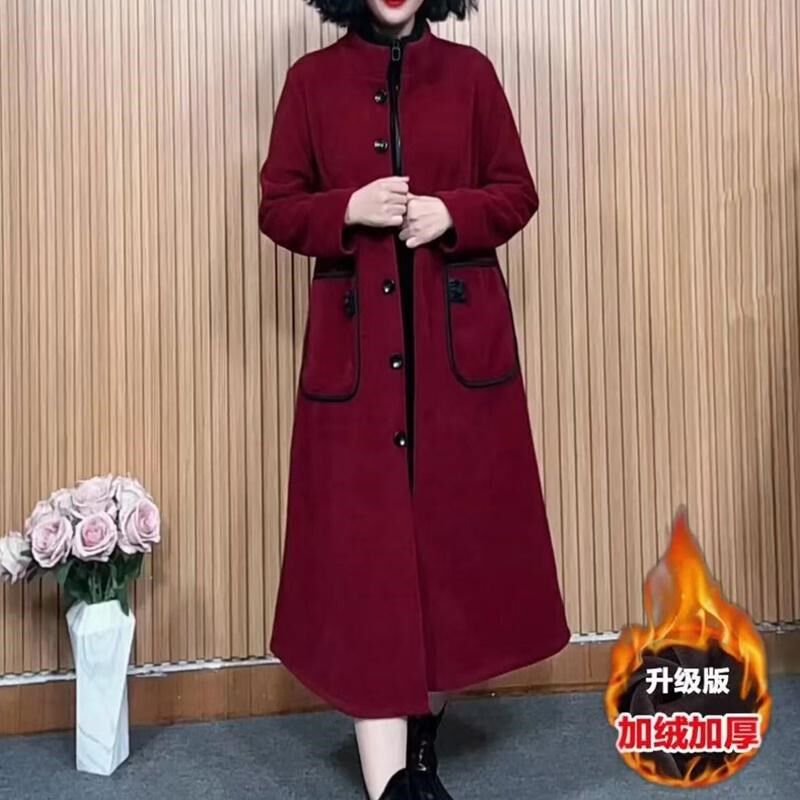 秋冬长款风衣外套时尚气质加绒保暖立领纯色外披百搭新中式长袖女