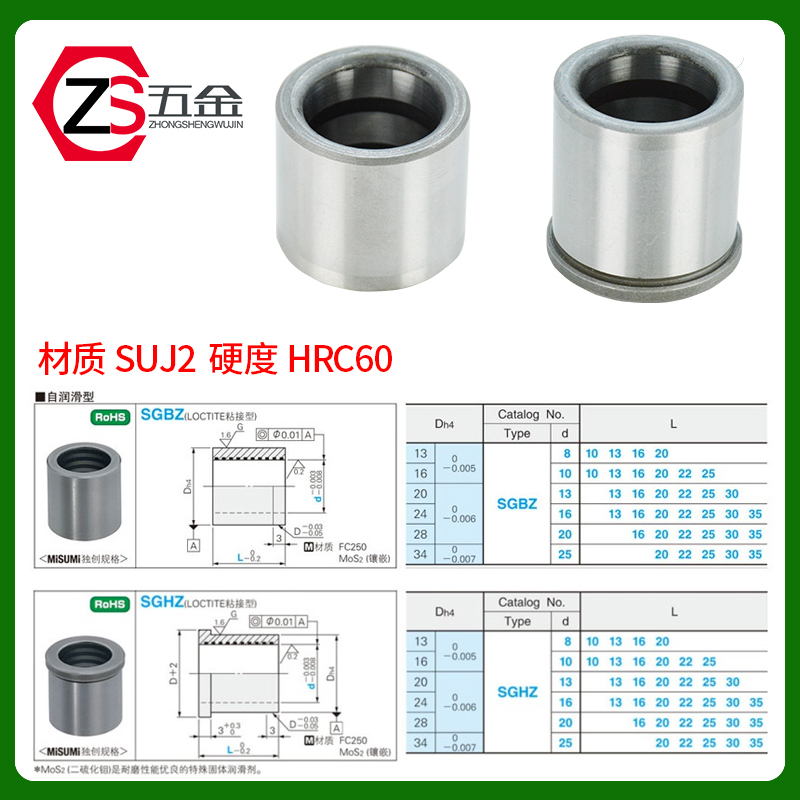 米思米盘起SGHZ SGBZ自润滑镶石墨卸料板导柱导套16/20/22/25/30