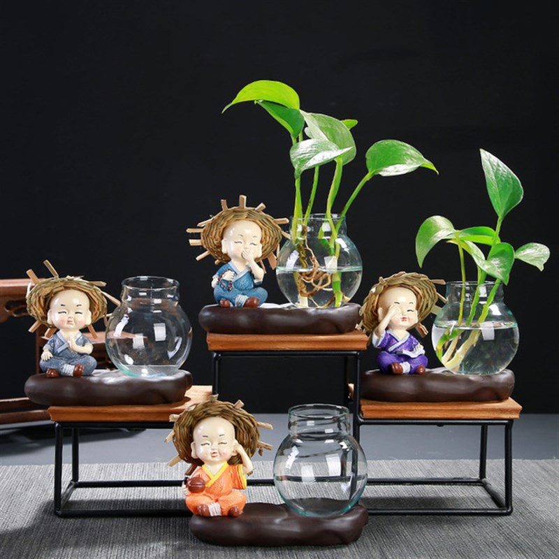 紫砂陶瓷小和尚水培花盆桌面摆件无孔花瓶插花铜钱草容器禅意花器