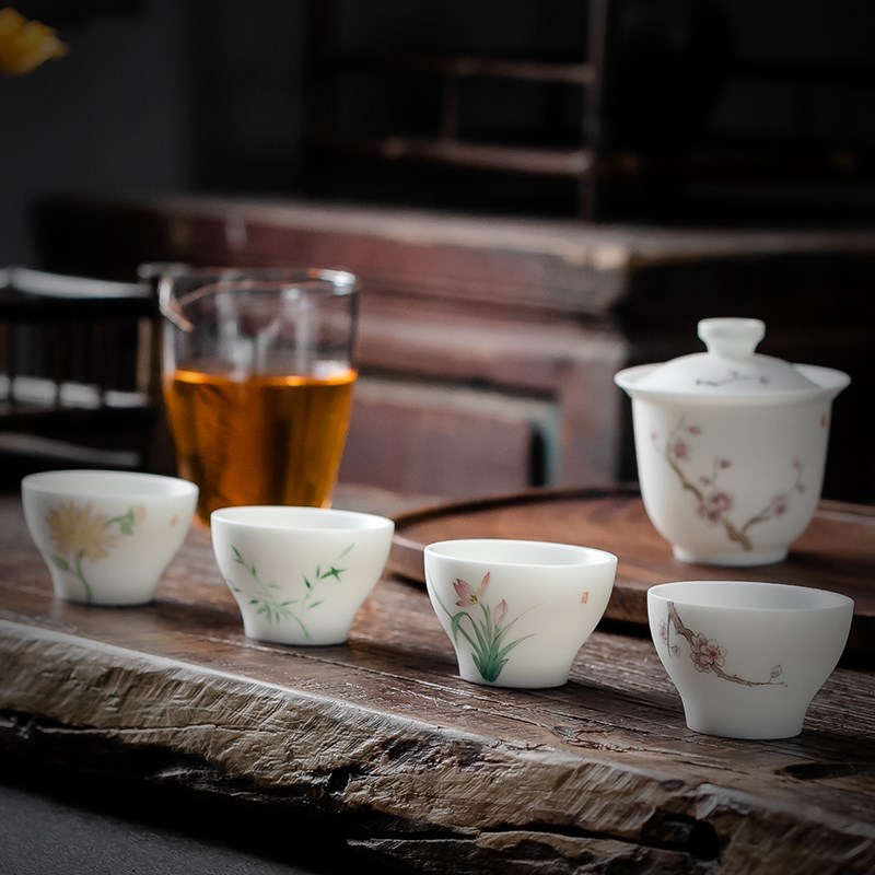 德化白瓷素烧手绘陶瓷盖碗功夫旅行茶具套装家用便携快客杯