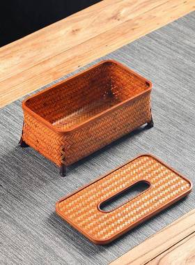书手竹编大纸巾工盒复古中式带提XWC手抽纸盒长方漆圆形客餐厅房