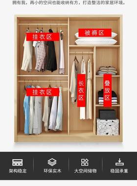 全实木衣柜家22568用卧小型户现代约儿童组装简推室拉门松木大衣