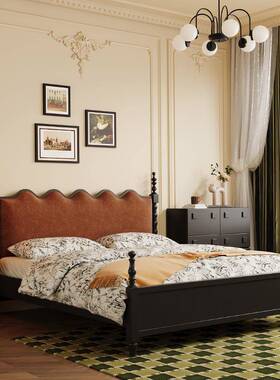 法式复古风全色实木床.8米胡桃中1CBB古风15米大.床黑色波浪软包