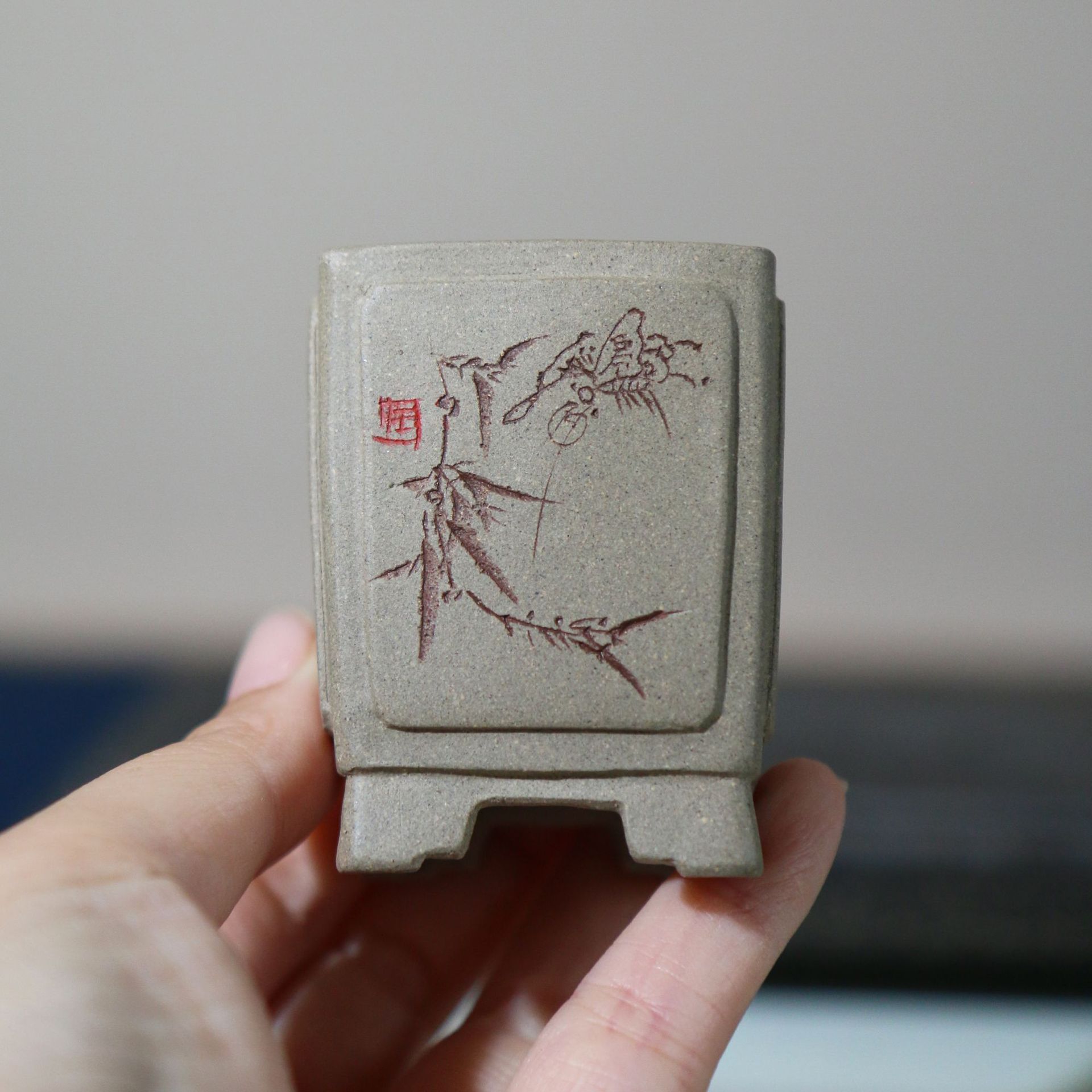 紫砂花盆正方形微型盆景盆手工盆雪花泥苏兵名家盆古典白段泥白泥