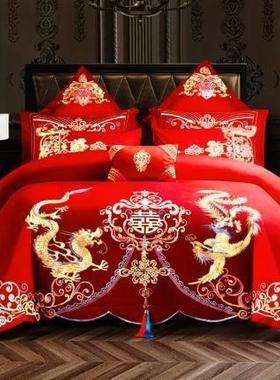 新纯婚四件套大红色婚喜被庆BZT婚上棉刺绣被套结婚陪嫁送礼床用