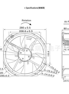 250FZY-SAIN8-S小型工频轴流扇风机0380V/220V散热6风280*280*8MM