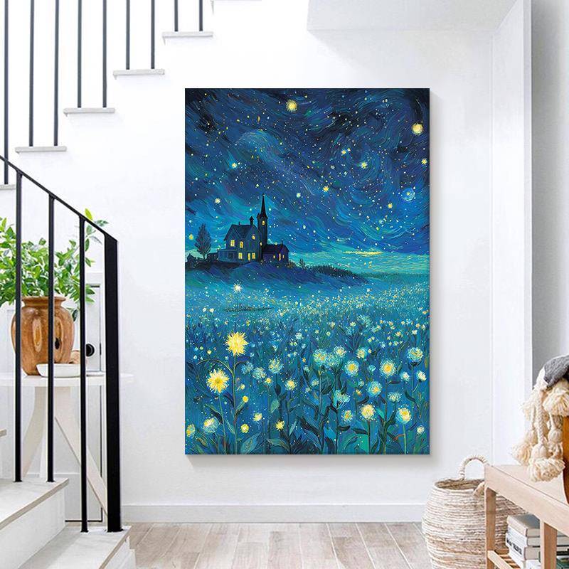 梵玄高风格抽象星空手绘油画画向日众葵DDC夜景客厅挂小关斗柜装