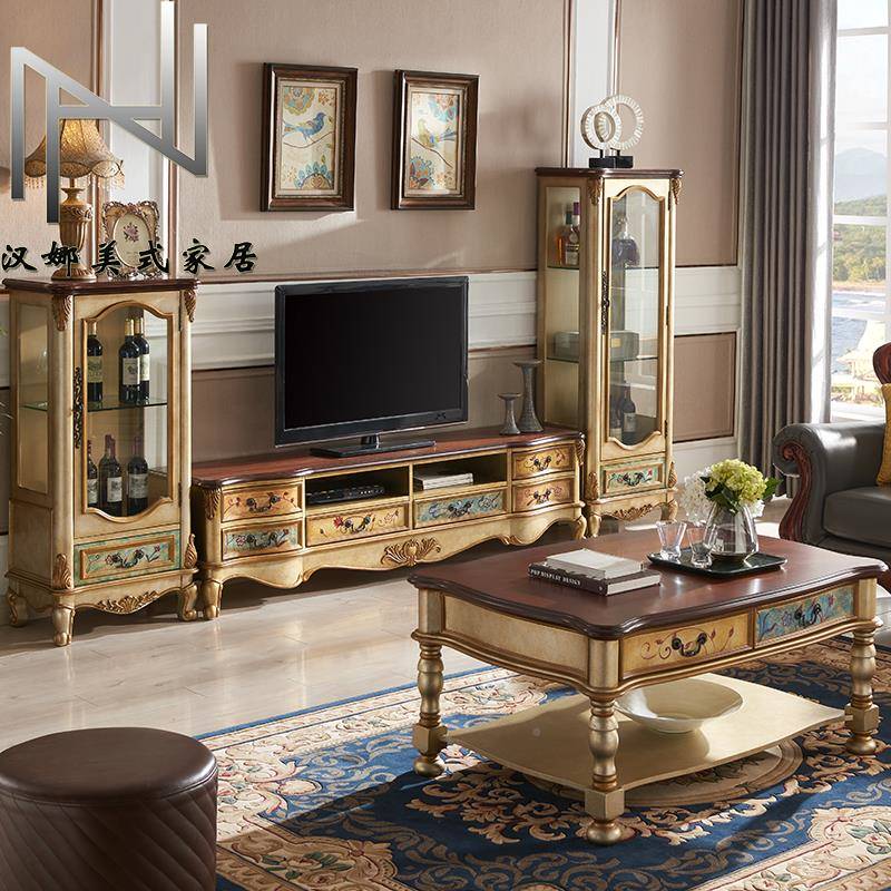 批美RQX式中海视式彩绘实木电柜茶几酒柜餐边地柜沙发几配套量促