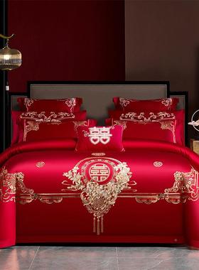简四长绒婚庆件套全棉约YMN大红色绣花纯棉结棉婚喜被新婚床上用