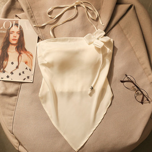 上衣 美背显瘦打底无袖 缎面挂脖吊带背心女夏季 立体花朵辣妹肚兜式