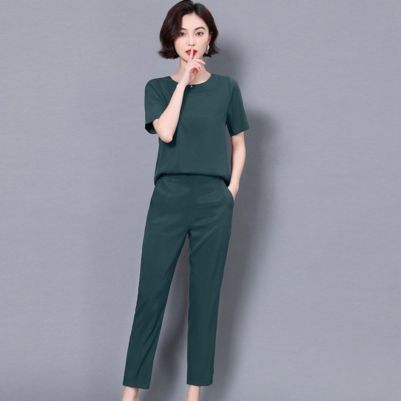 短袖两件套中老年妈妈装弹力真铜氨丝女套装修身小脚口直筒九分裤