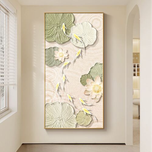 九鱼图玄关装饰画简约现代过道走廊尽头挂画奶P油风入户门客厅壁