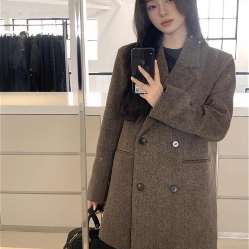深咖色毛呢外套女秋冬装韩系大码胖MM短款西装领短款加厚呢子大衣
