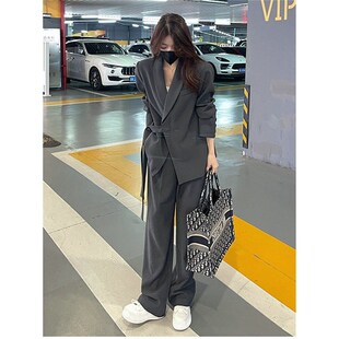 春秋小众设计感气质大码胖mm休闲西装两件套装宽松职业西服外套女