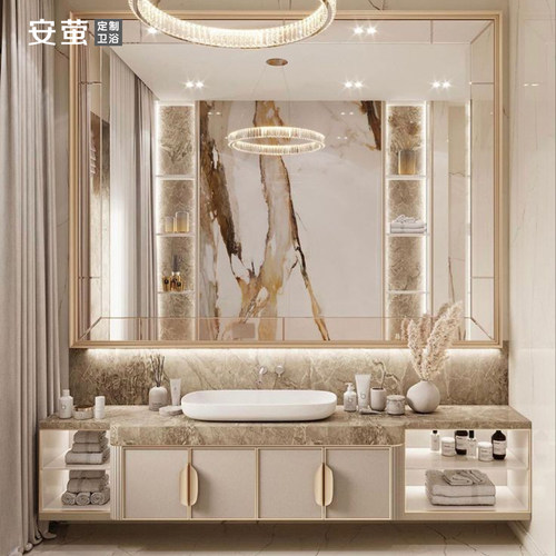 法式奶油色浴室柜轻奢风洗手脸面池组合卫生间实木定制洗漱台上盆