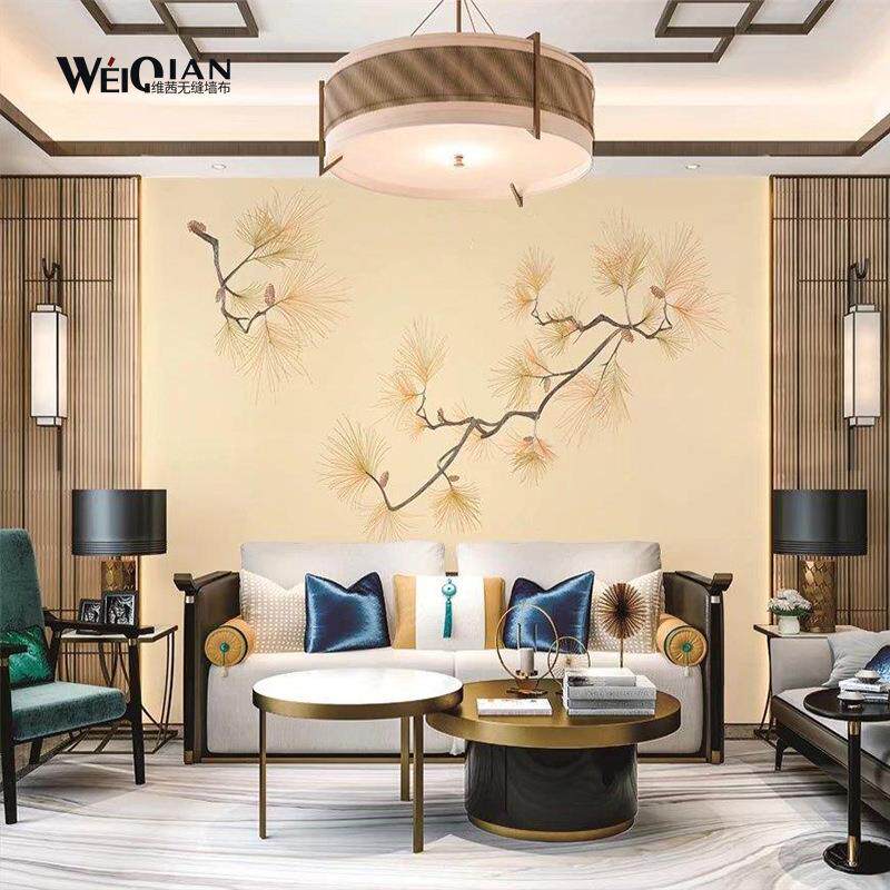 中式现代独秀刺绣无缝墙布书房客厅餐厅鹿在前方电视沙发背景壁布