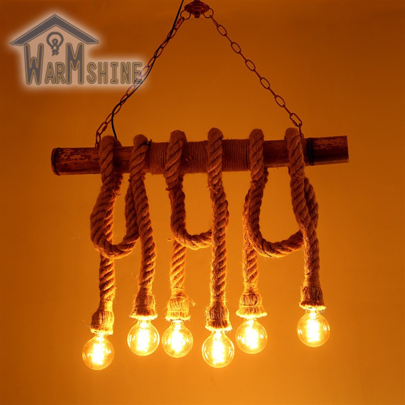 美式乡村田园工业复古铁艺麻绳客厅餐厅书房吧台个性创意竹艺吊灯