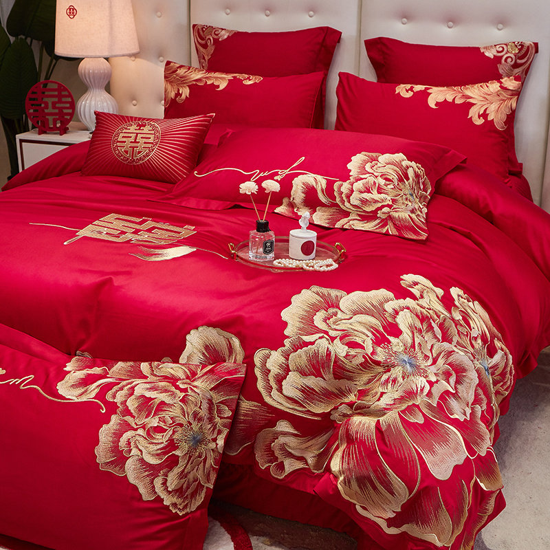 结婚牡丹花国风新中p式刺绣四件套全棉喜被套牀盖嫁妆红色牀品