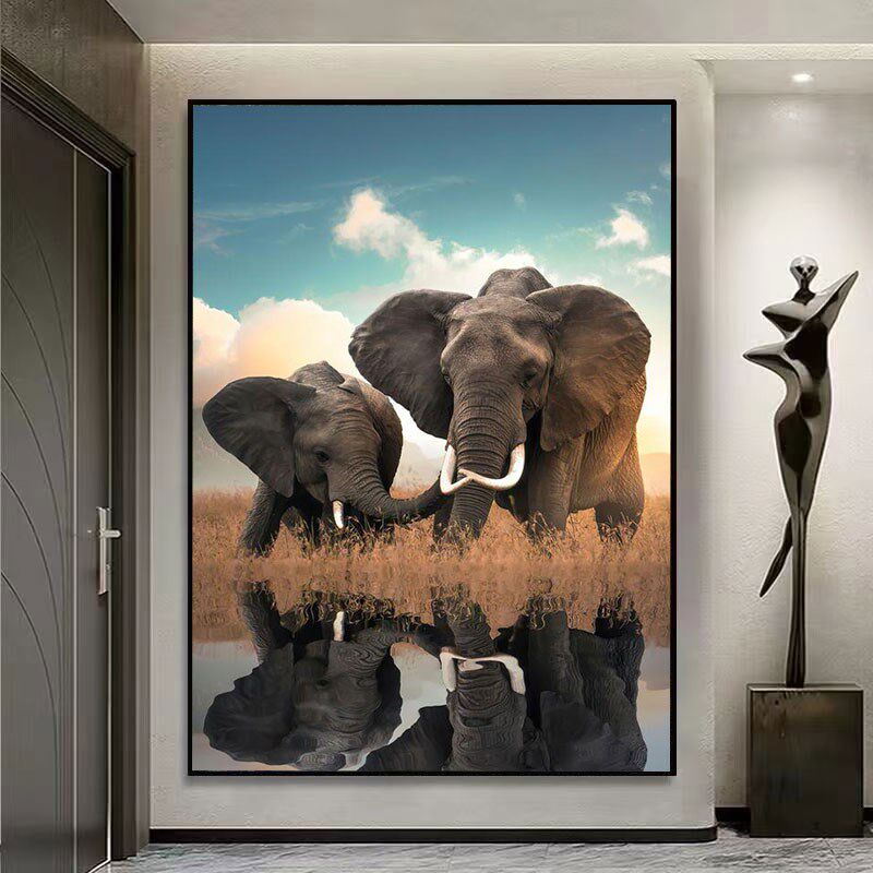 泰式两只大象入户玄关p挂画正对门双象图片客厅装饰画走廊过道壁