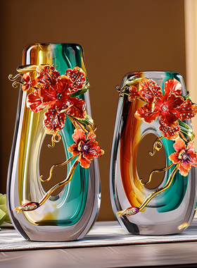 珐瑯彩琉璃花瓶高级感客s厅插花水晶玻璃玄关摆件家居装饰品新中