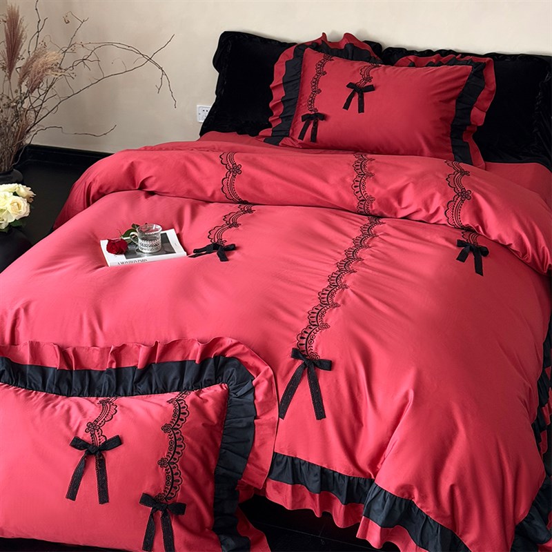 法式花边浪漫婚庆四件套全棉00支红黑蕾丝蝴蝶结婚被套床单床笠