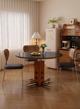 岩板餐桌圆桌黑色高级感小户型覆古圆形餐桌椅组合中古风实木饭桌