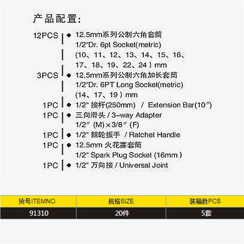 鹰之印20件12.5MM套筒组套汽修汽保维修棘轮扳手套筒扭力扳手