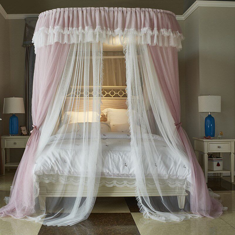 2024新款公主风双层纱u型轨道导轨蚊帐三开门落地式简约纹帐加密