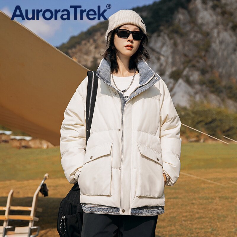 工装立领假两件加厚羽绒服女