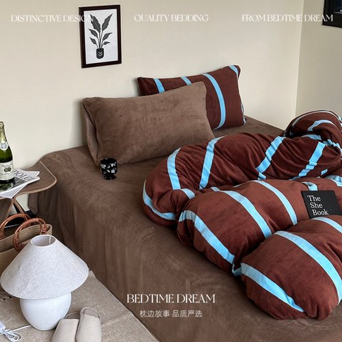 焦糖布丁咖色加厚保暖牛奶绒四件套床上用品珊瑚绒被Y套床单三件