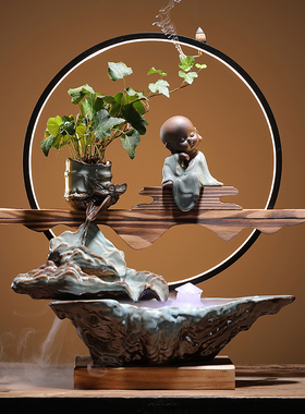 流水香薰摆件家居饰品新中式客厅办公室J禅意倒流香喷泉送礼工艺
